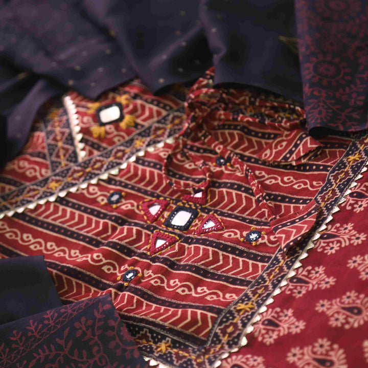Khairiyat Cherry Red Angrakha Kutch Neck Work Cotton Suit Set