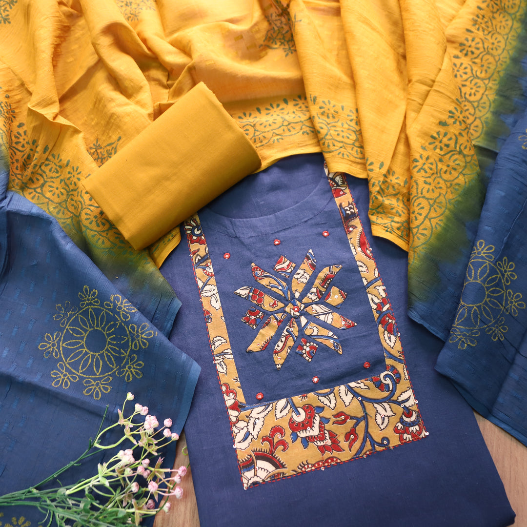 Bansi Navy Blue Applique with Patra Yoke Cotton Set