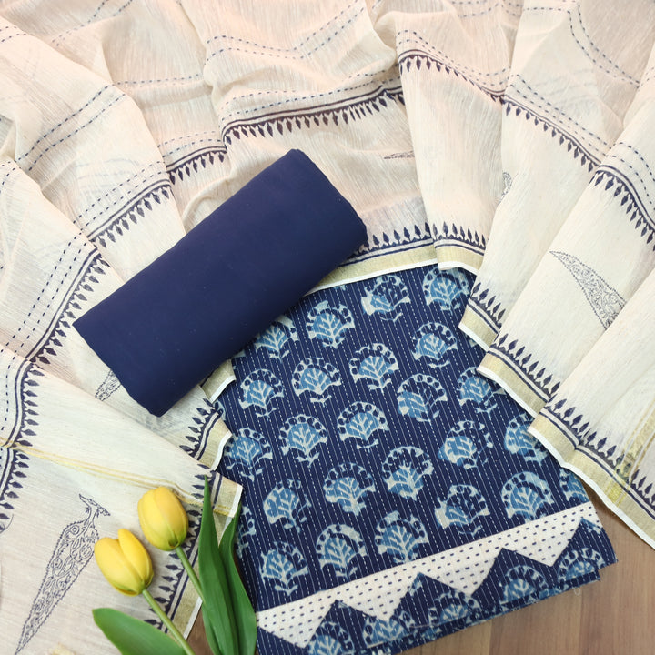 Rimmy Indigo Blue Dabu Printed Running Stitch Cotton Set D3