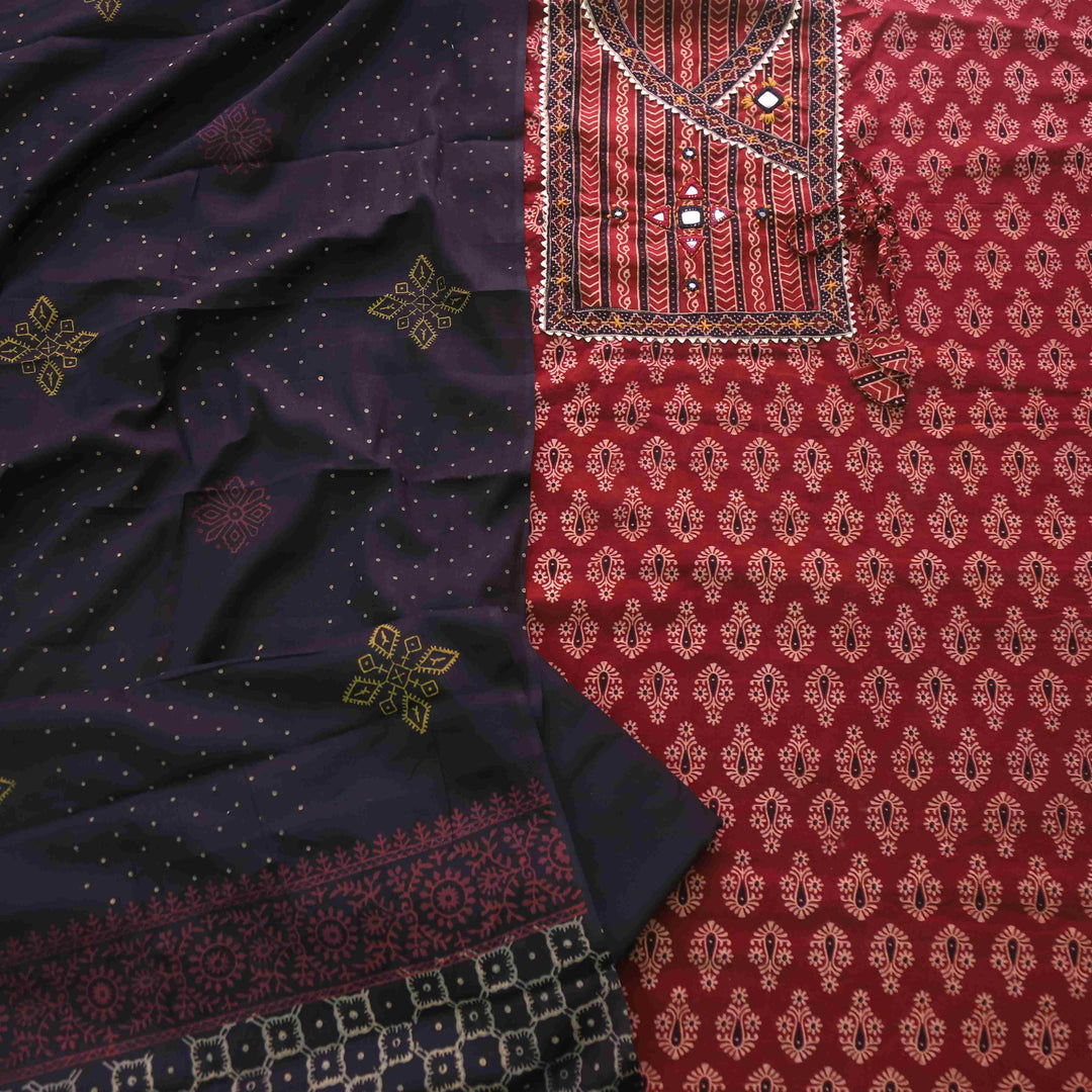 Khairiyat Cherry Red Angrakha Kutch Neck Work Cotton Suit Set