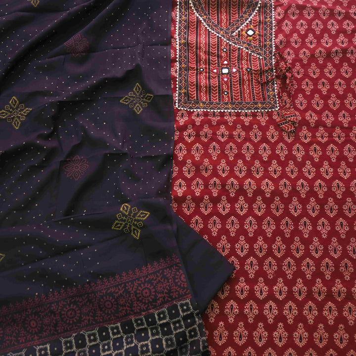 Khairiyat Cherry Red Angrakha Kutch Neck Work Cotton Suit Set