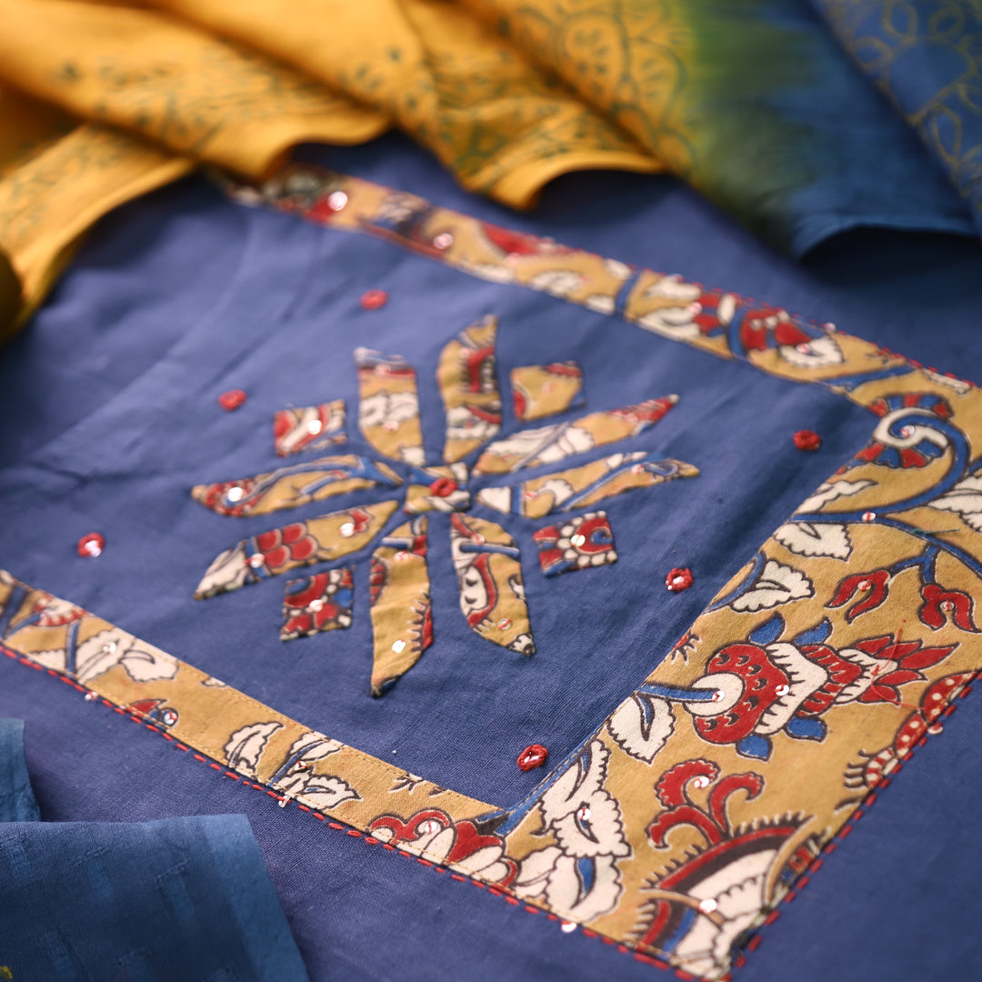 Bansi Navy Blue Applique with Patra Yoke Cotton Set