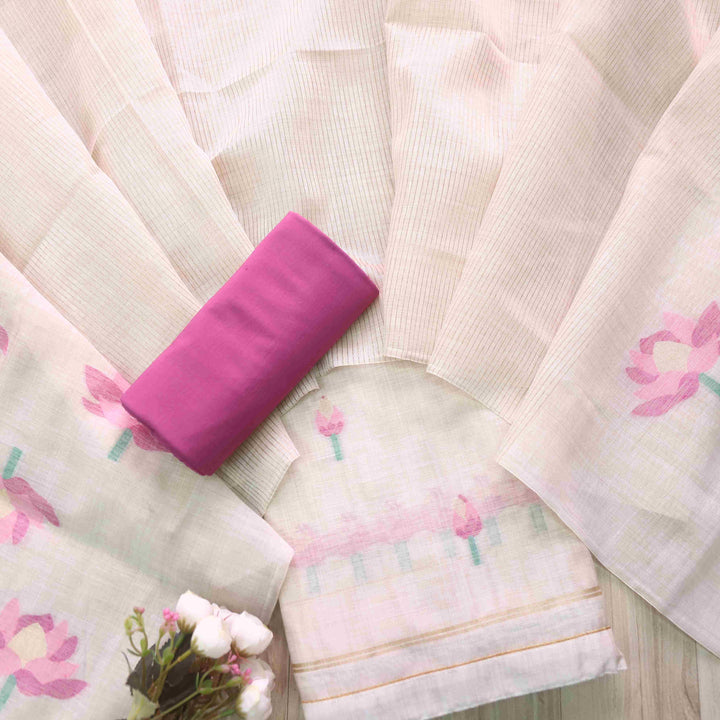 Raina Beige with Purple Authentic Jamdani Weaved Top and Dupatta Set