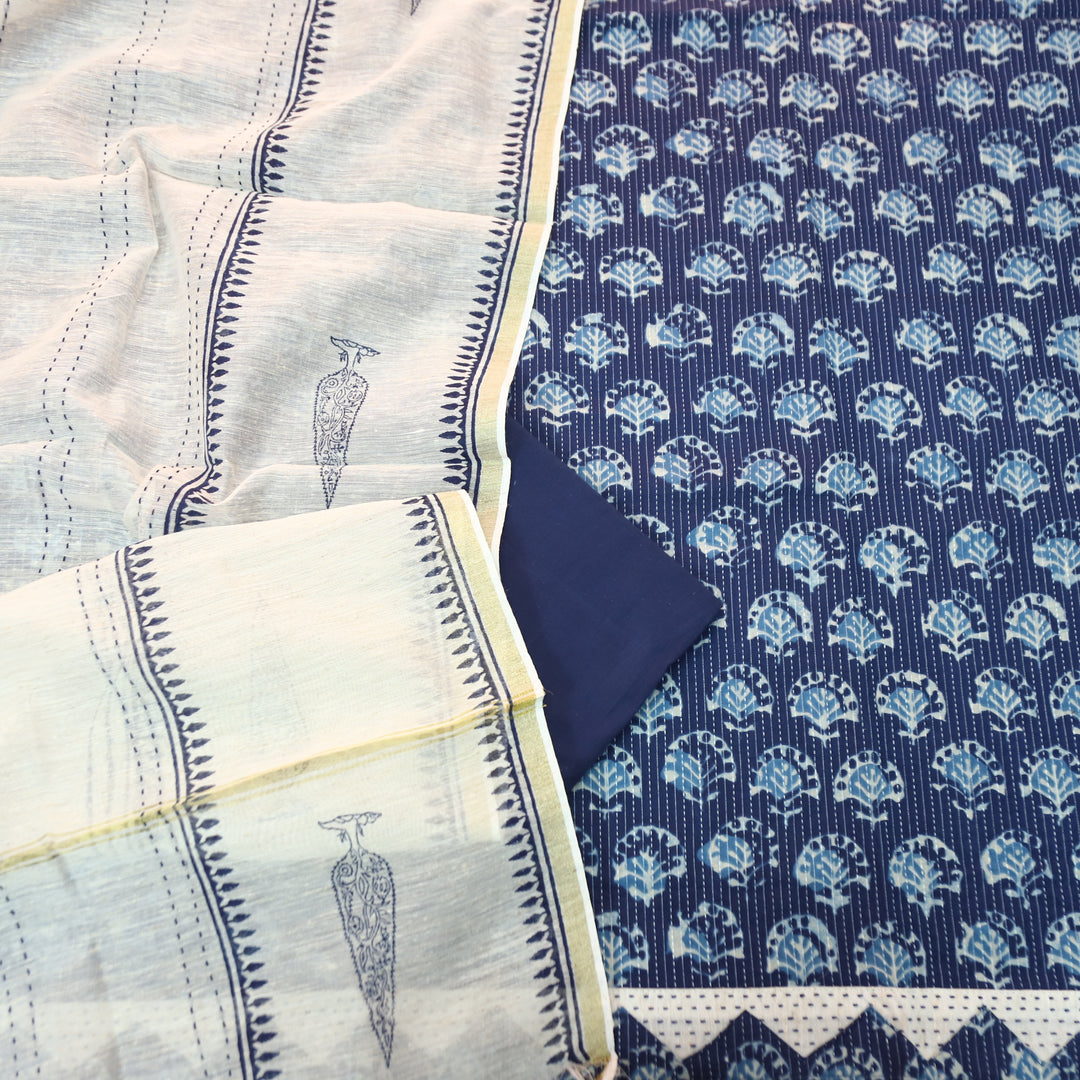 Rimmy Indigo Blue Dabu Printed Running Stitch Cotton Set D3
