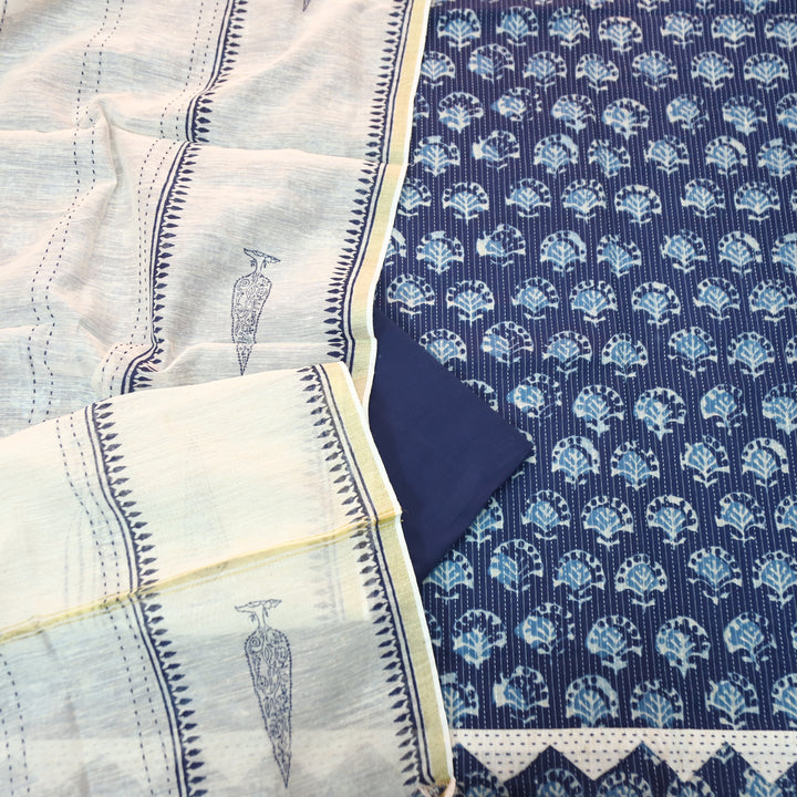 Rimmy Indigo Blue Dabu Printed Running Stitch Cotton Set D3