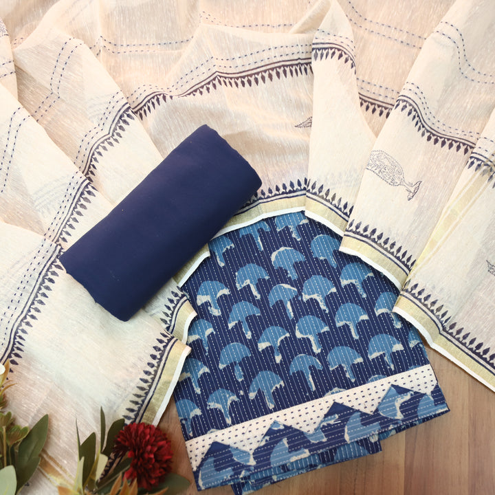 Rimmy Indigo Blue Dabu Printed Running Stitch Cotton Set D4