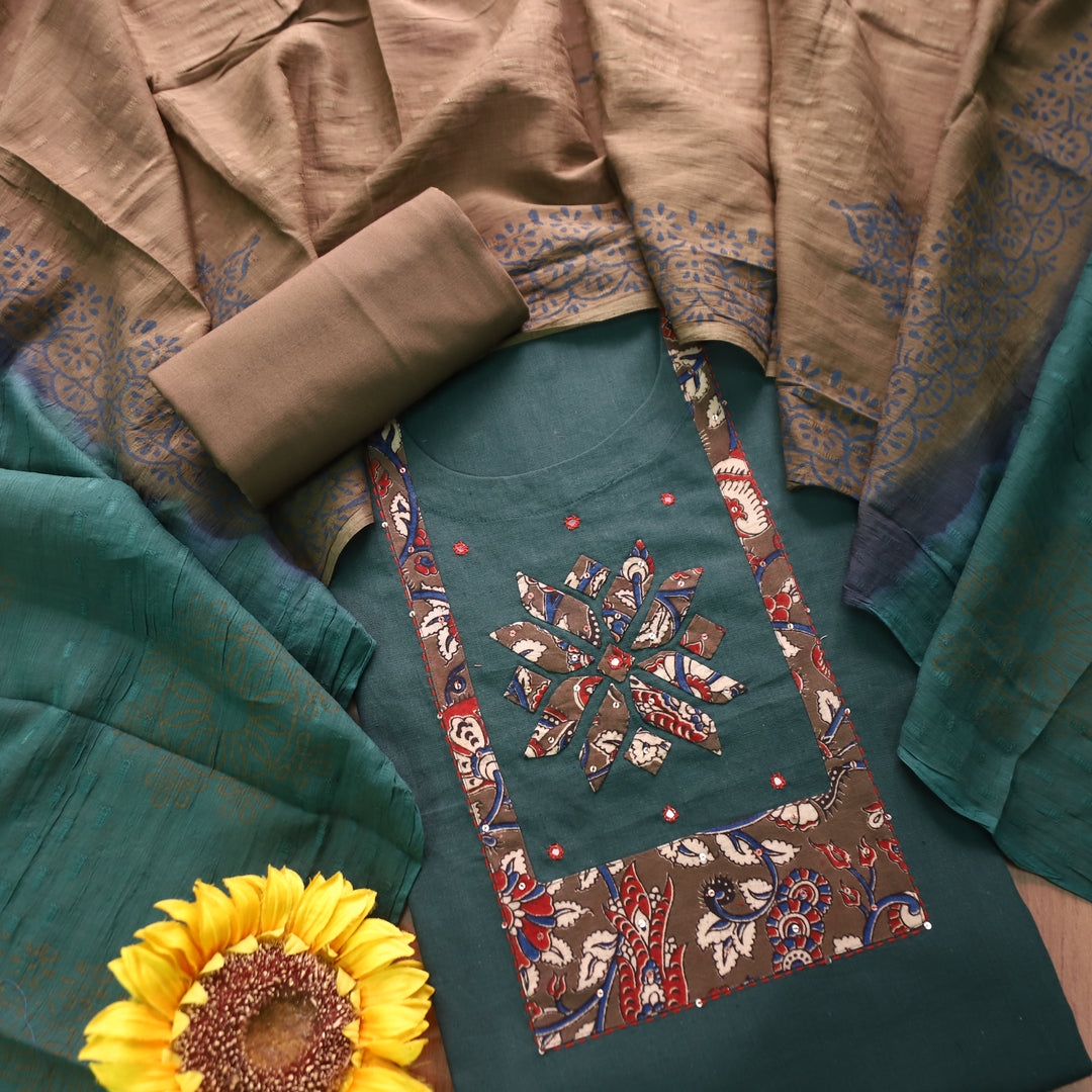 Bansi Sacramento Green Applique with Patra Yoke Cotton Set