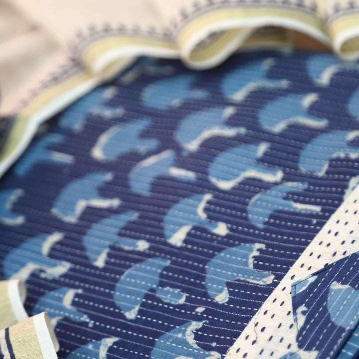 Rimmy Indigo Blue Dabu Printed Running Stitch Cotton Set D4