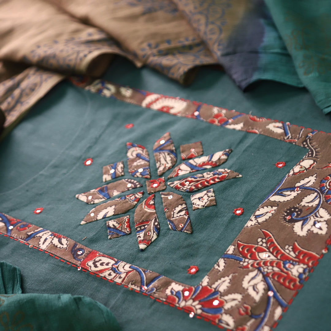 Bansi Sacramento Green Applique with Patra Yoke Cotton Set
