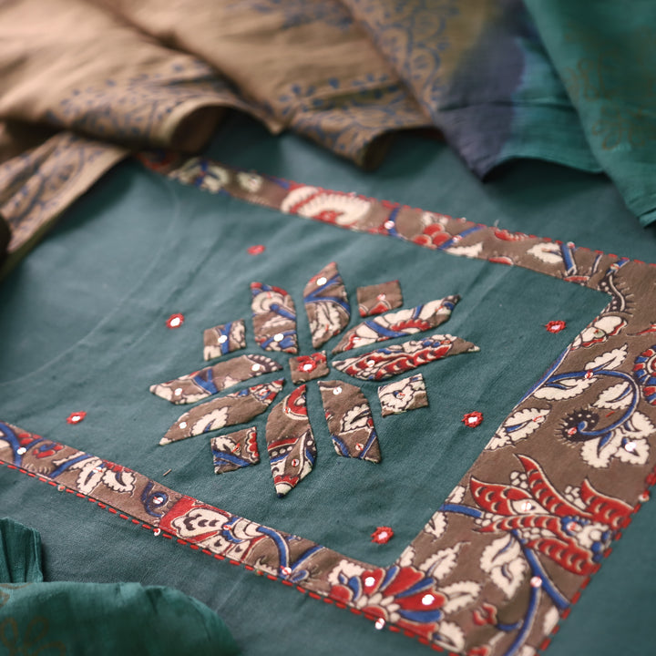 Bansi Sacramento Green Applique with Patra Yoke Cotton Set
