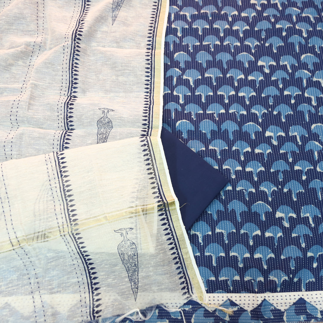 Rimmy Indigo Blue Dabu Printed Running Stitch Cotton Set D4