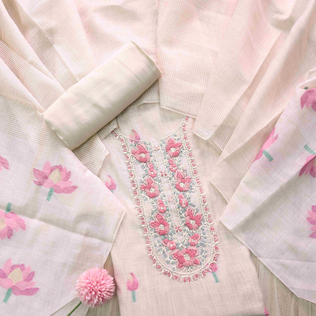 Jamdani Flamingo Pink Thread Neck Work Jamdani Suit Set