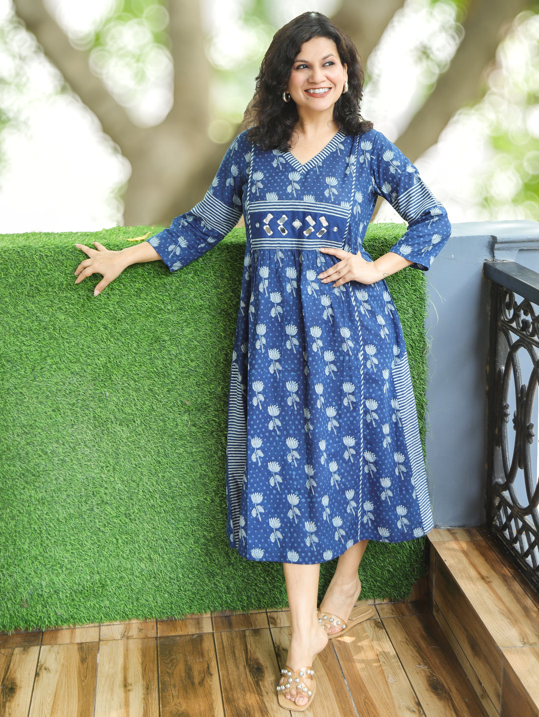 Jyotica Indigo Blue Mirror work Panel Style Cotton Dress