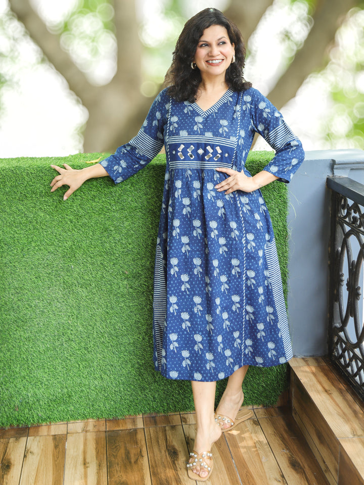 Jyotica Indigo Blue Mirror work Panel Style Cotton Dress