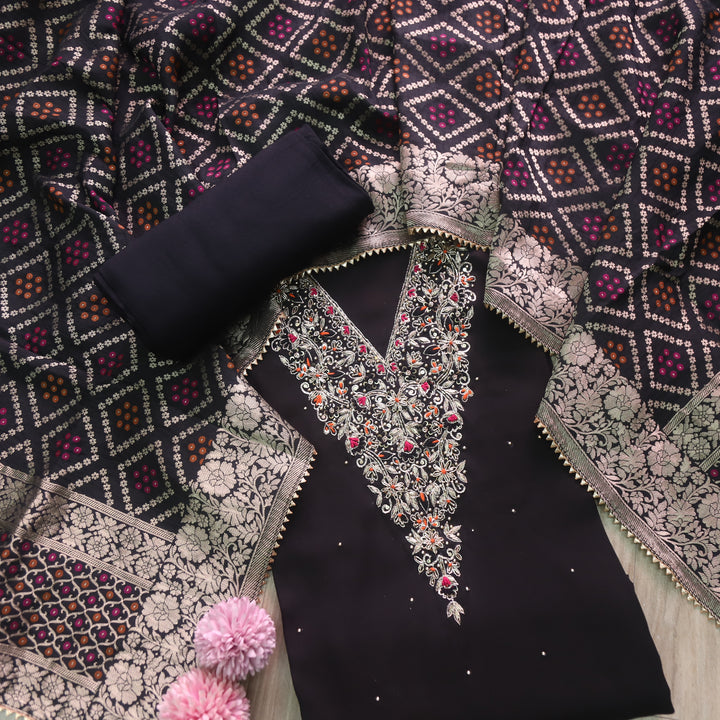 Bandegi Charcoal Black Designer Heavy V Neck Work Modal Suit Set