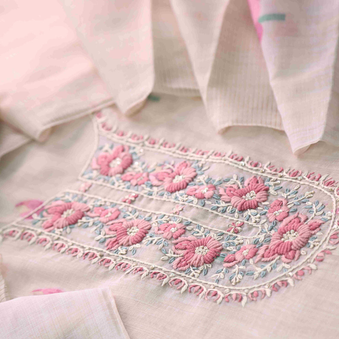 Jamdani Flamingo Pink Thread Neck Work Jamdani Suit Set
