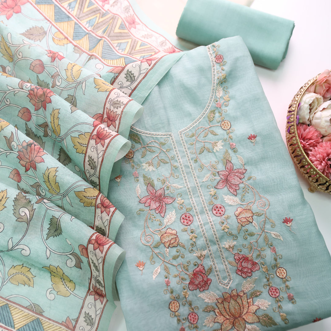 Maria Ocean Aqua Embroidery and Zari Mul Chanderi Set