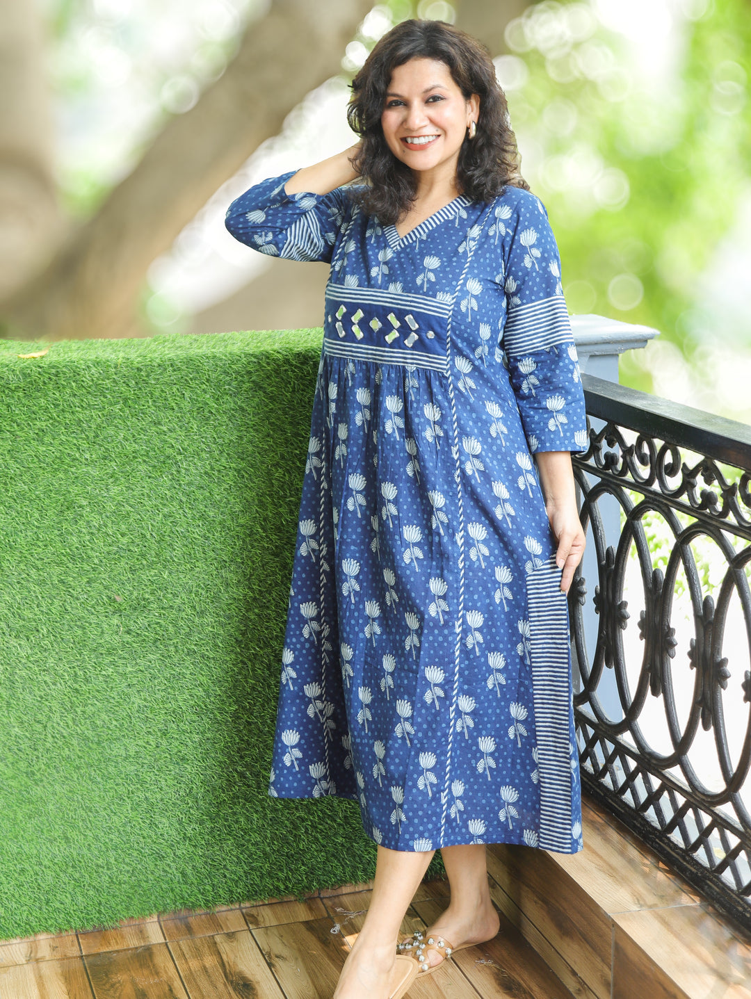 Jyotica Indigo Blue Mirror work Panel Style Cotton Dress