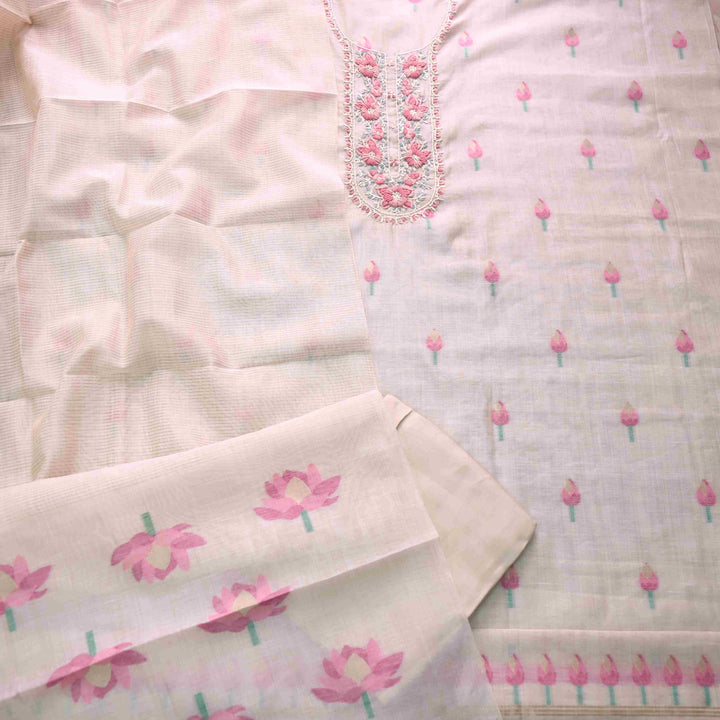 Jamdani Flamingo Pink Thread Neck Work Jamdani Suit Set