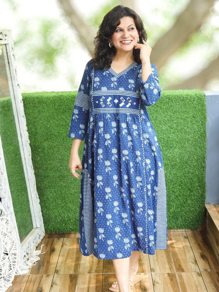 Jyotica Indigo Blue Mirror work Panel Style Cotton Dress