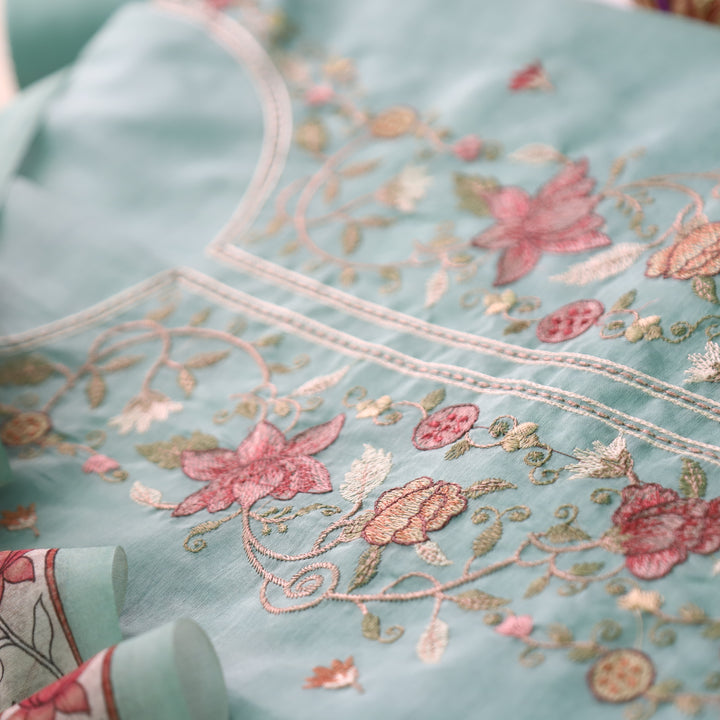 Maria Ocean Aqua Embroidery and Zari Mul Chanderi Set