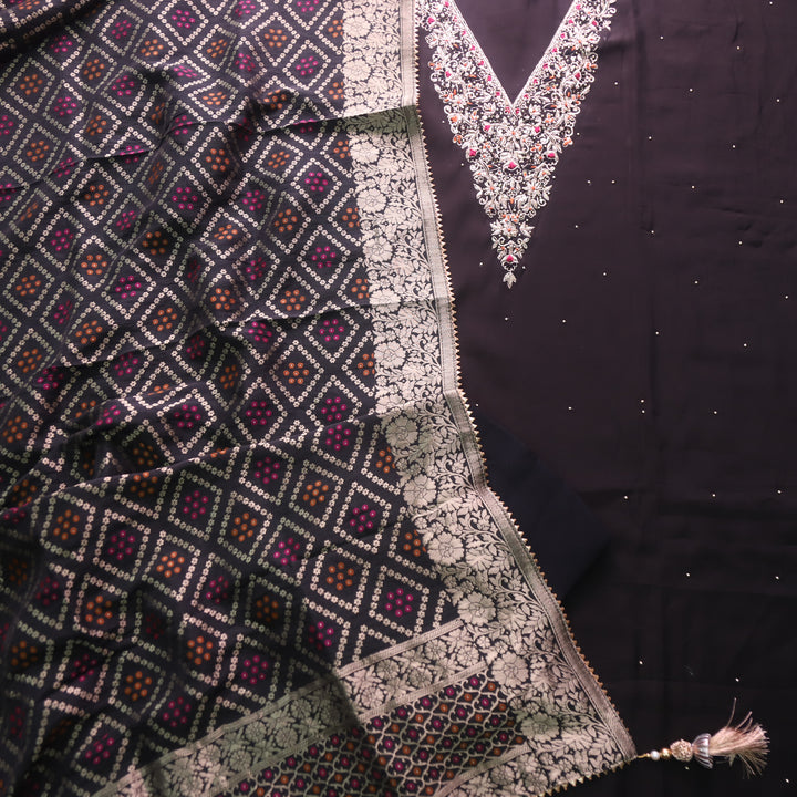 Bandegi Charcoal Black Designer Heavy V Neck Work Modal Suit Set