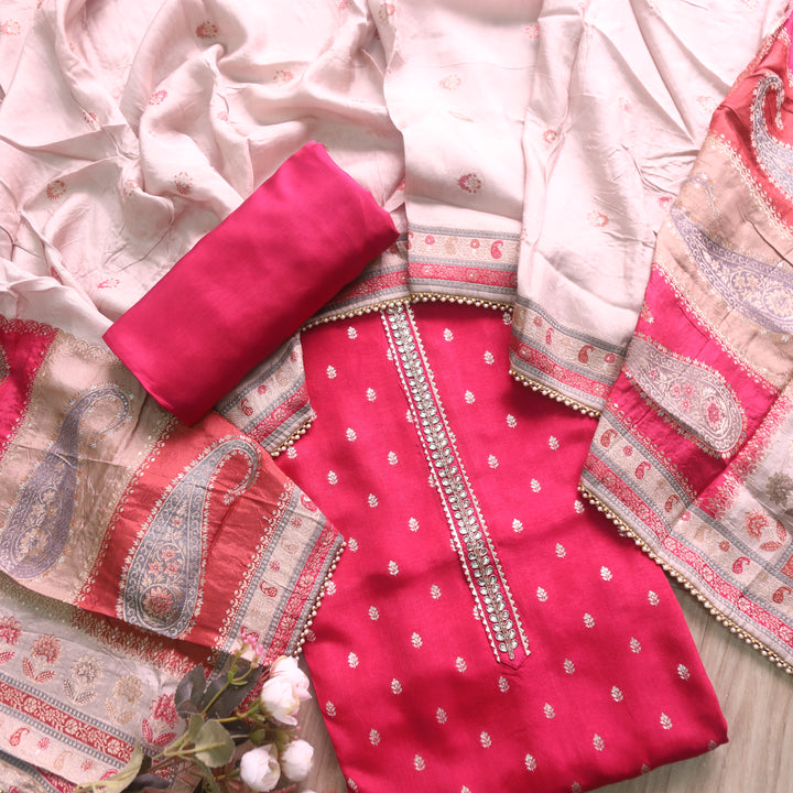 Aashna Ruby Pink Brocade Buti Work with Stone Lace Dola Silk Suit Set
