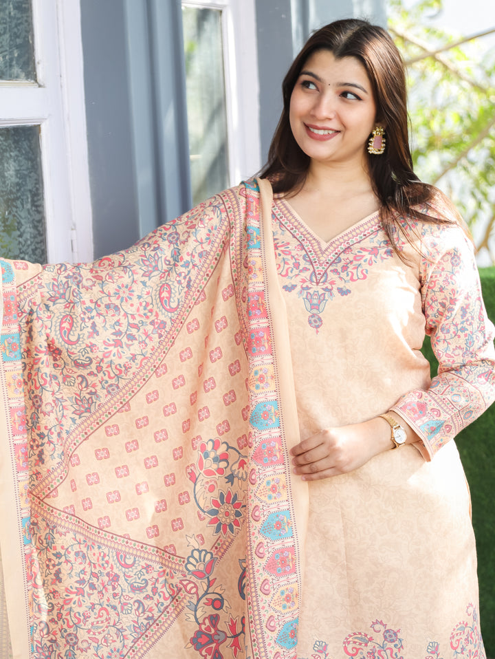 Kritipriya Butter Yellow V Neck Kashmiri Floral Print Semi Pashmina 3 Piece Set