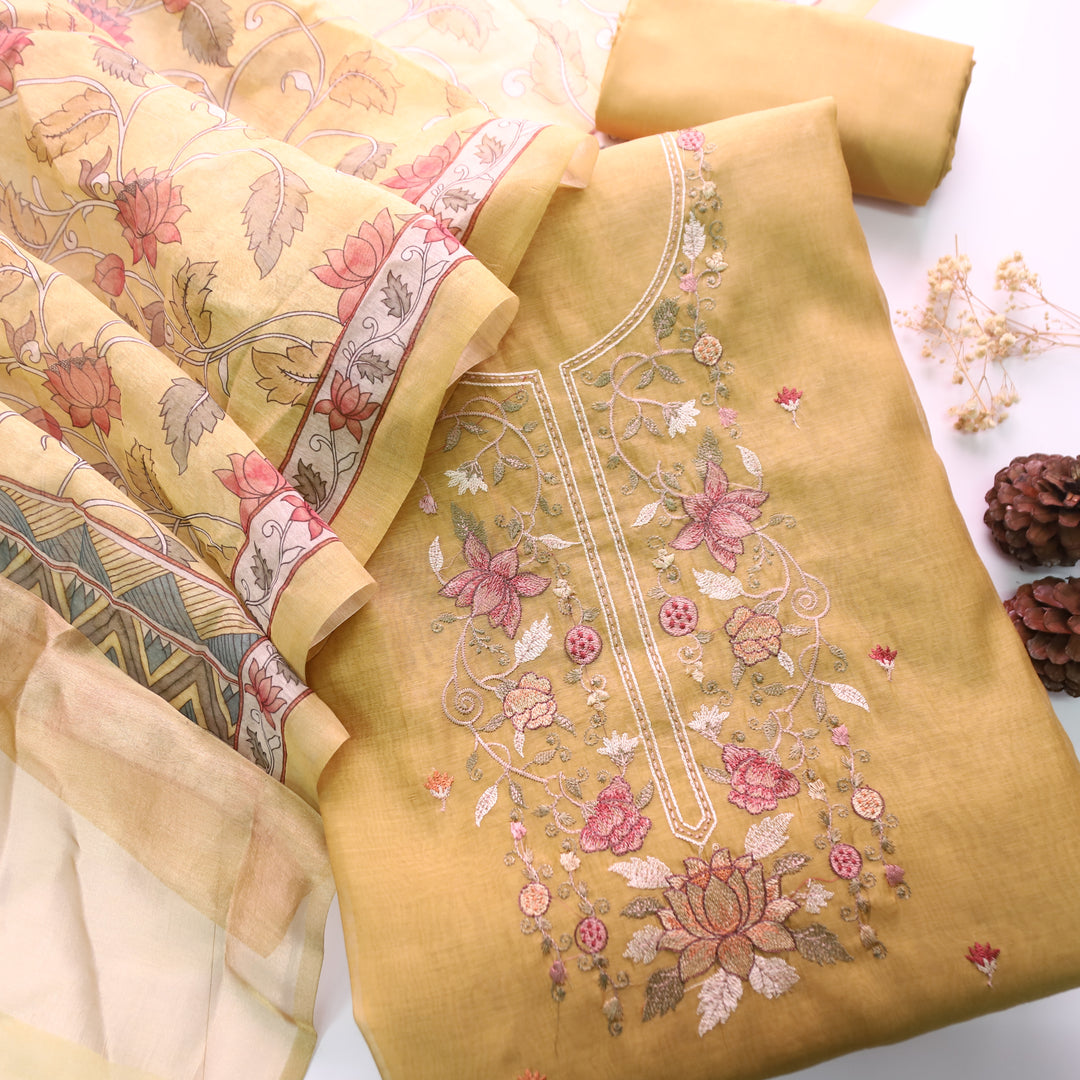 Maria Corn Yellow Embroidery and Zari Mul Chanderi Set