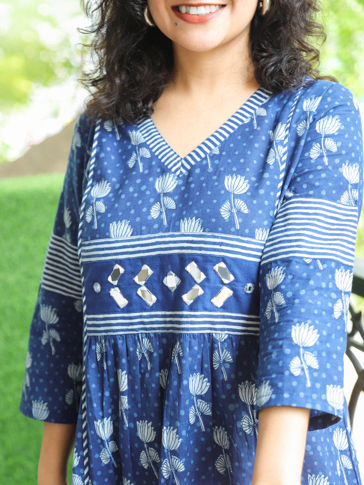 Jyotica Indigo Blue Mirror work Panel Style Cotton Dress