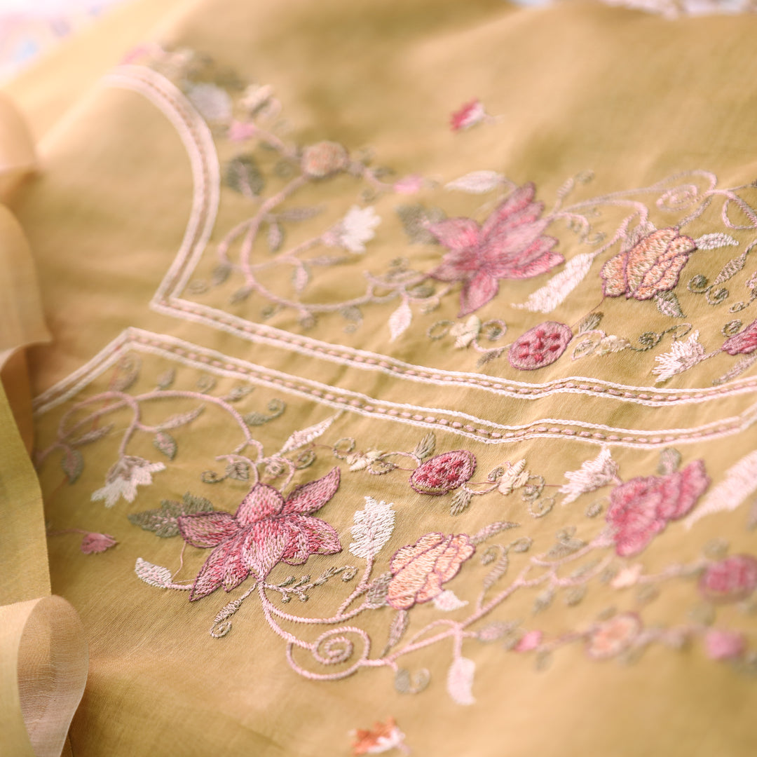 Maria Corn Yellow Embroidery and Zari Mul Chanderi Set