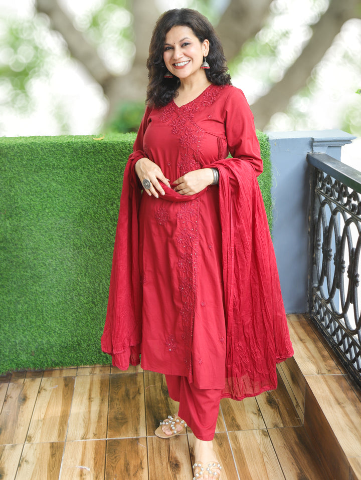 Soni Berry Red Angrakha Embroidered Cotton 3 Piece Set