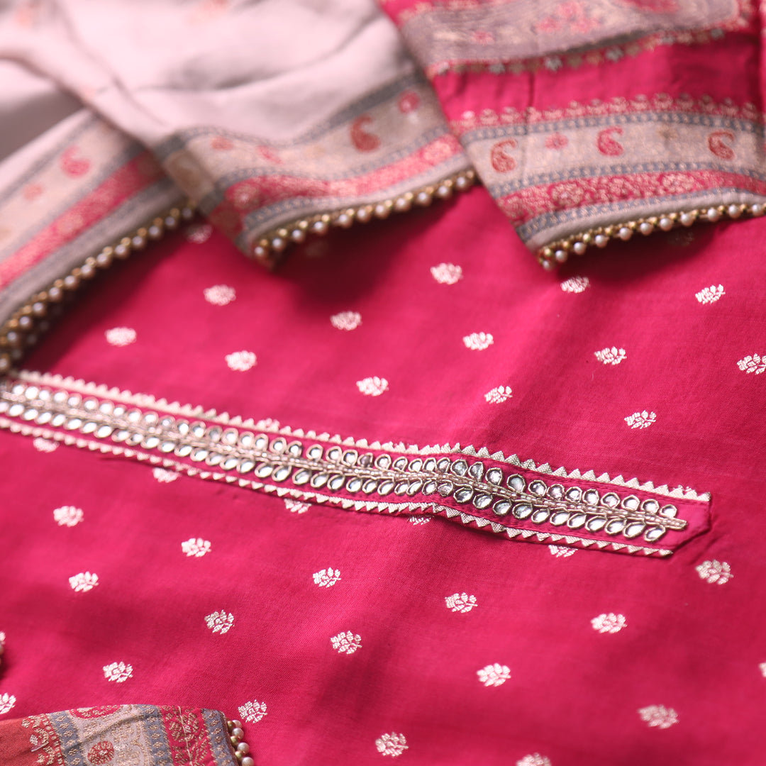 Aashna Ruby Pink Brocade Buti Work with Stone Lace Dola Silk Suit Set
