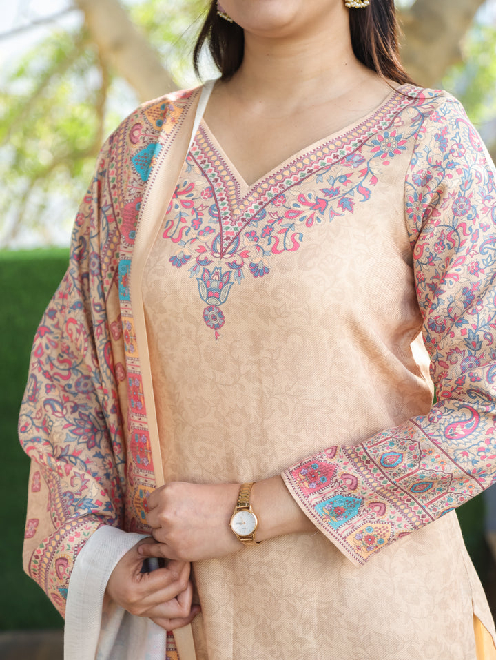 Kritipriya Butter Yellow V Neck Kashmiri Floral Print Semi Pashmina 3 Piece Set