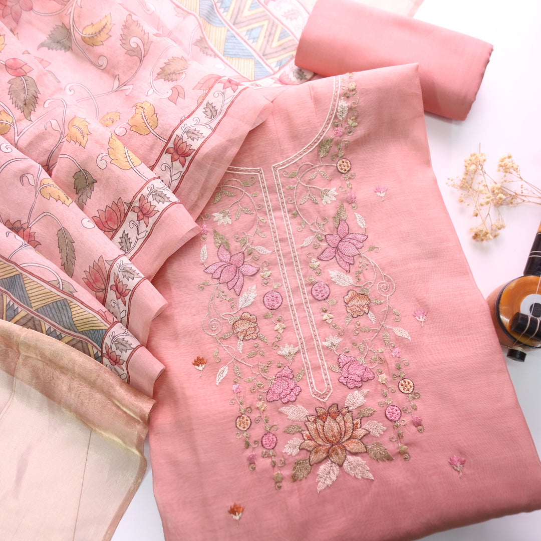 Maria Frosty Pink Embroidery and Zari Mul Chanderi Set