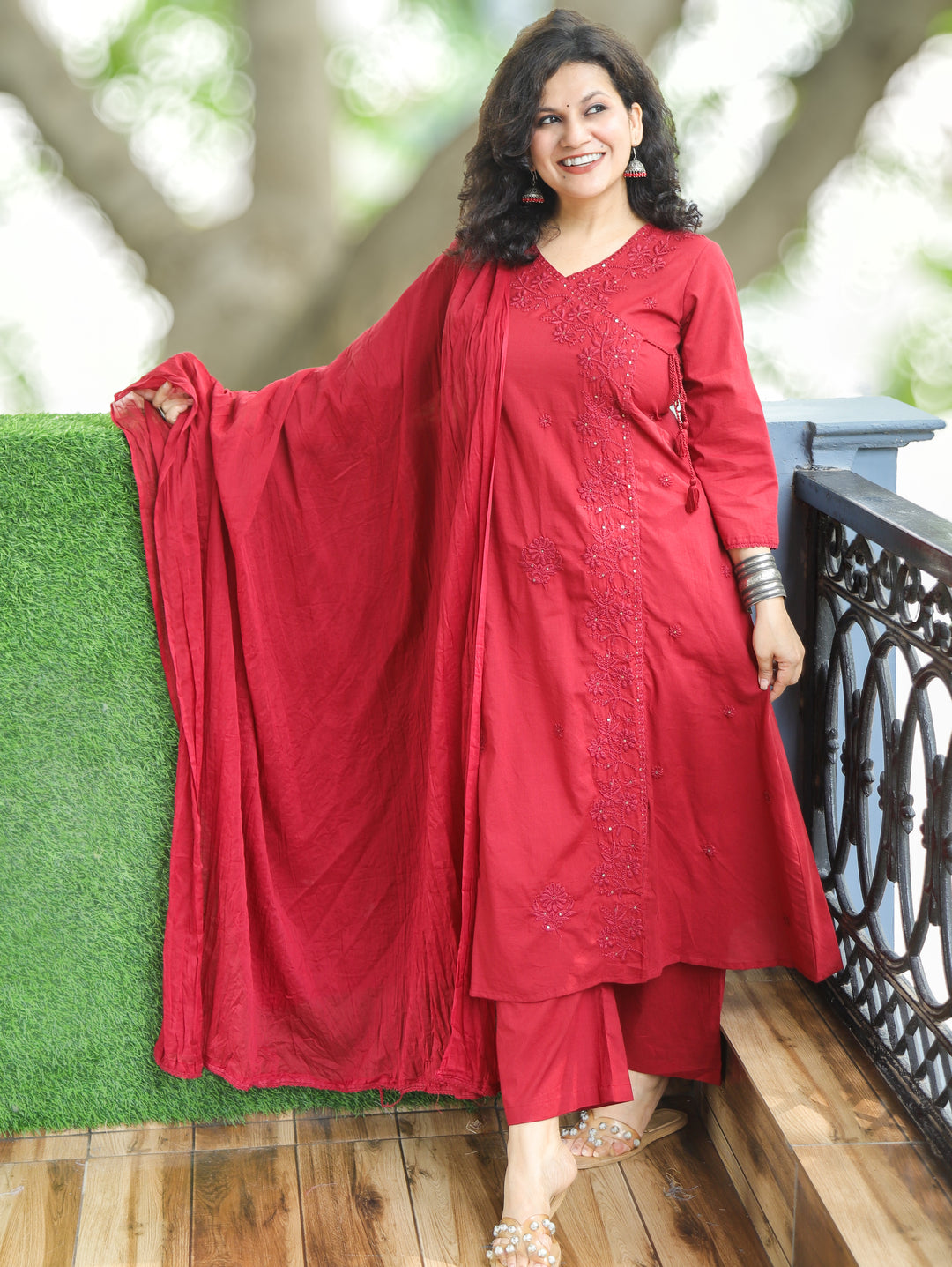 Soni Berry Red Angrakha Embroidered Cotton 3 Piece Set