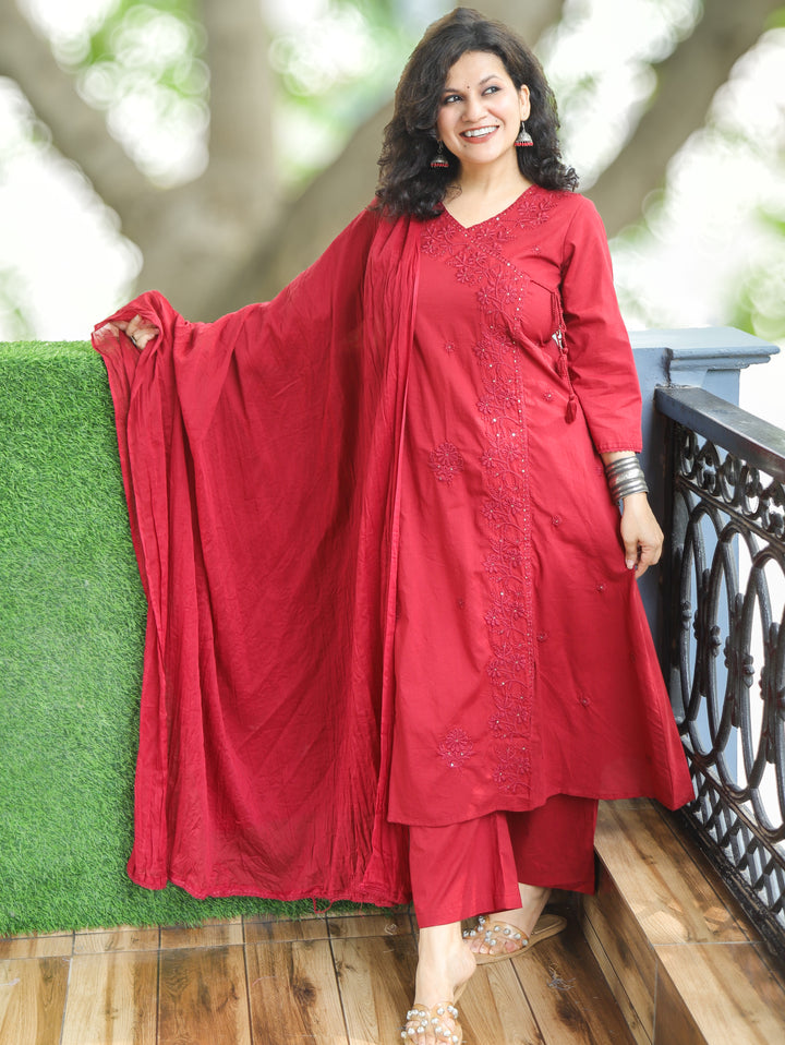 Soni Berry Red Angrakha Embroidered Cotton 3 Piece Set
