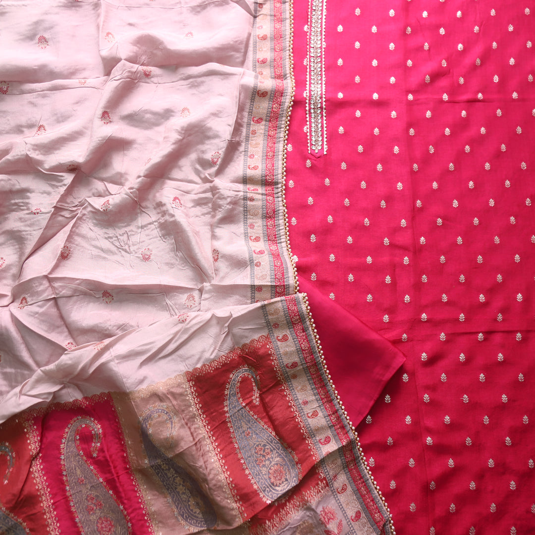 Aashna Ruby Pink Brocade Buti Work with Stone Lace Dola Silk Suit Set