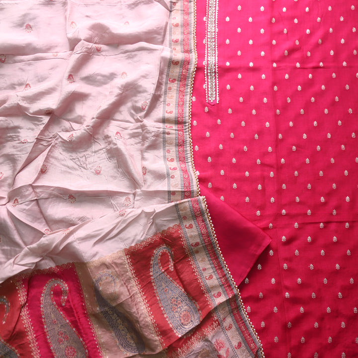 Aashna Ruby Pink Brocade Buti Work with Stone Lace Dola Silk Suit Set