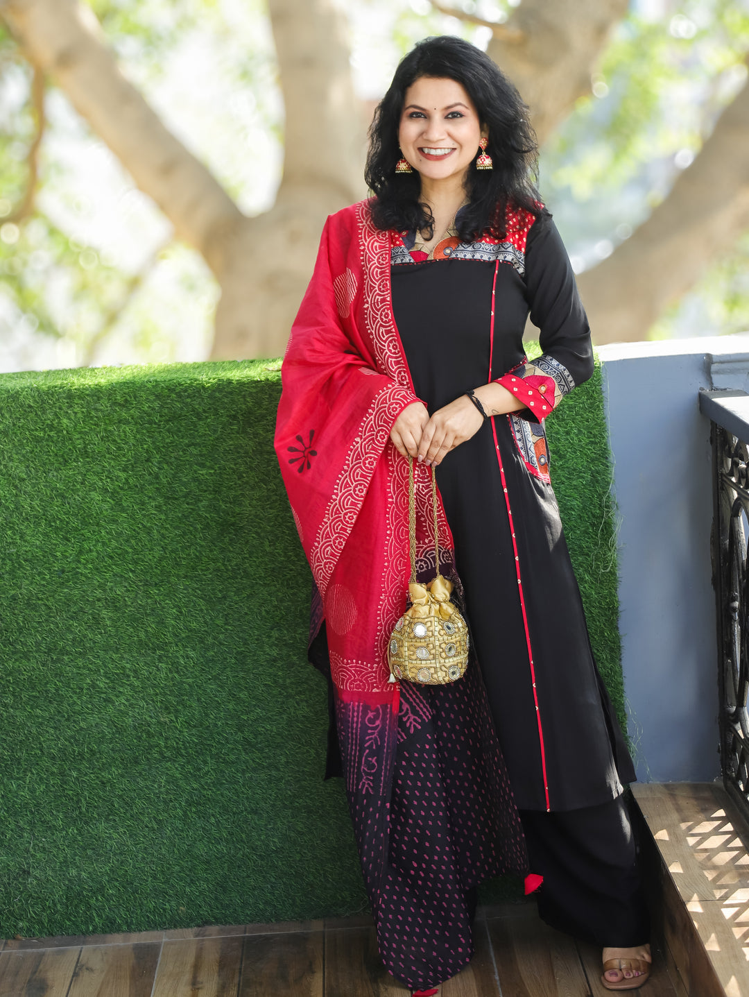 Parvati Oil Black Mashru Embroidered V Neck Yoke Panel Modal Silk 3 Piece with Pocket