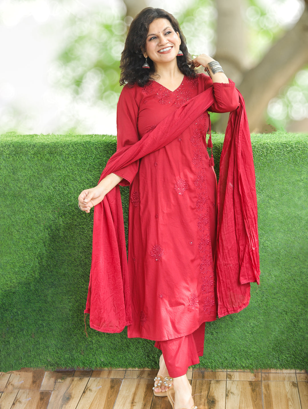 Soni Berry Red Angrakha Embroidered Cotton 3 Piece Set