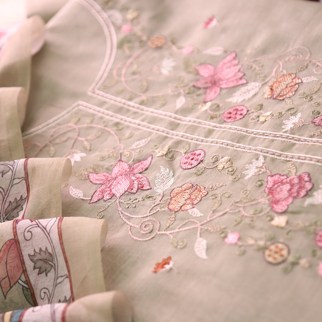 Maria Hazel Sage Embroidery and Zari Mul Chanderi Set