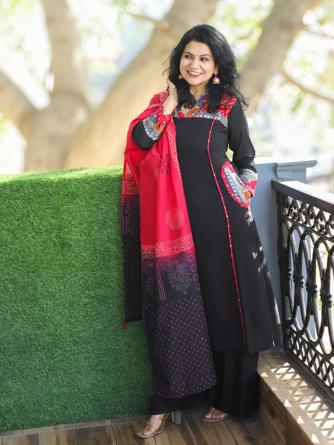 Parvati Oil Black Mashru Embroidered V Neck Yoke Panel Modal Silk 3 Piece with Pocket