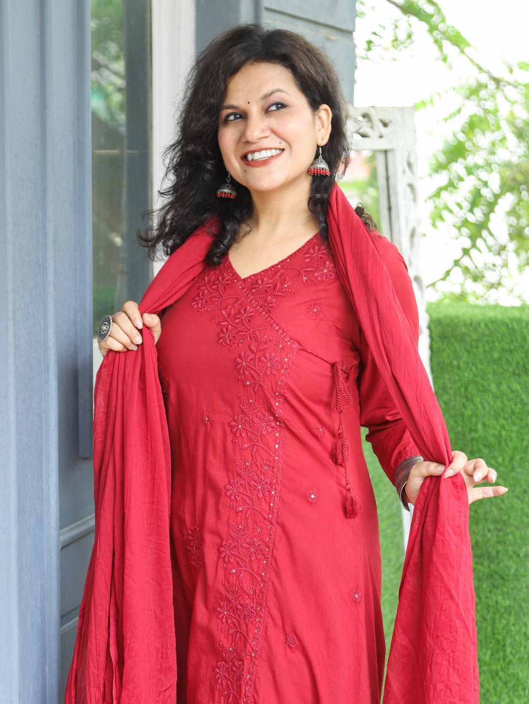 Soni Berry Red Angrakha Embroidered Cotton 3 Piece Set