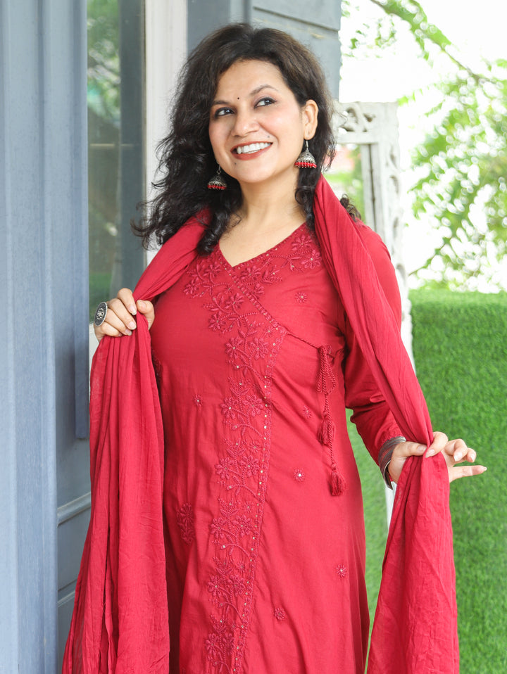 Soni Berry Red Angrakha Embroidered Cotton 3 Piece Set