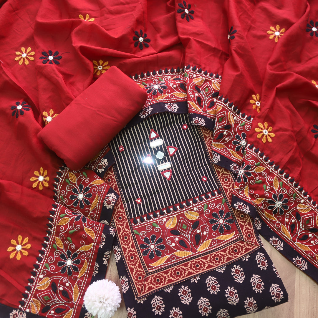 Hairat Ebony Black Kutch Patch with Mirror Work Printed Cotton Suit Set