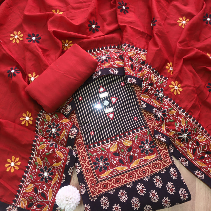 Hairat Ebony Black Kutch Patch with Mirror Work Printed Cotton Suit Set