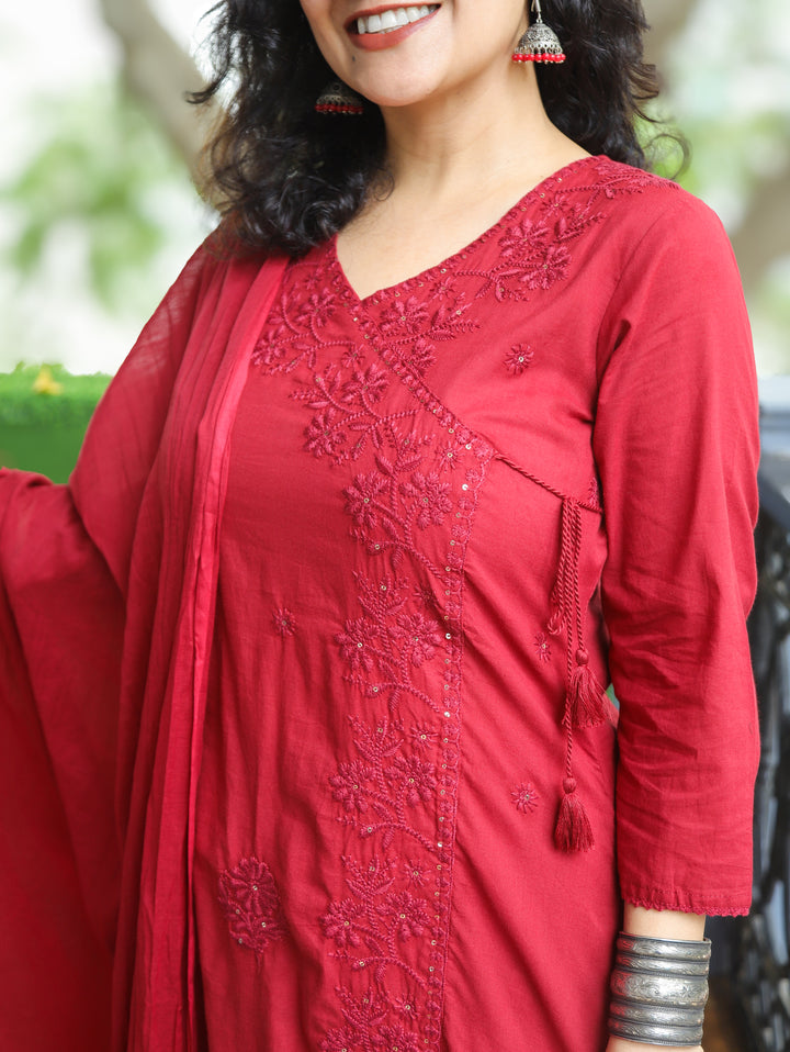Soni Berry Red Angrakha Embroidered Cotton 3 Piece Set