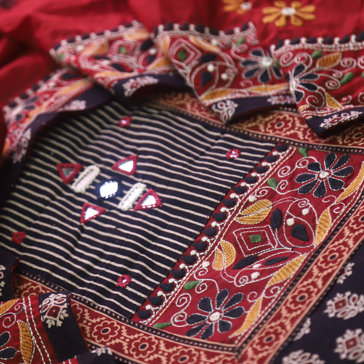 Hairat Ebony Black Kutch Patch with Mirror Work Printed Cotton Suit Set