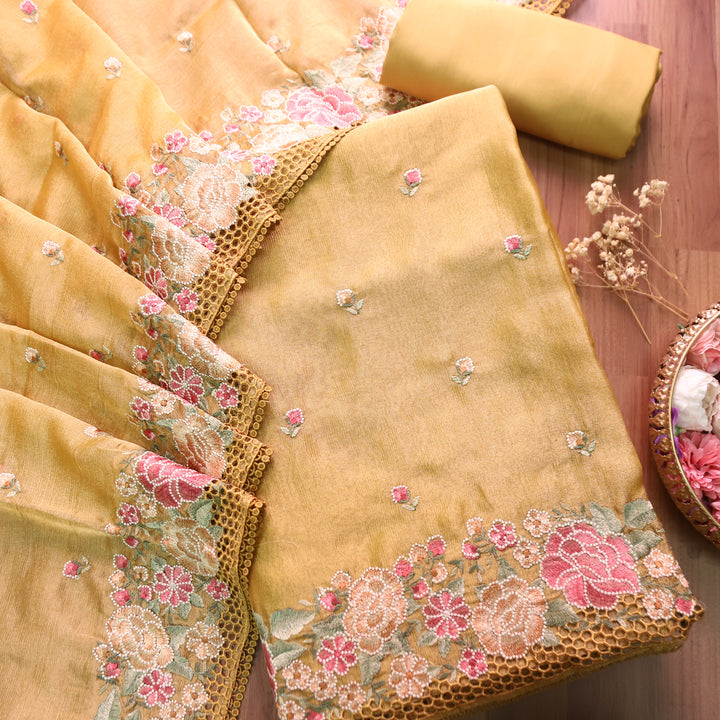 Avinya Yellow Thread Embroidered Hem Crinkle Shimmer Tissue Organza Set